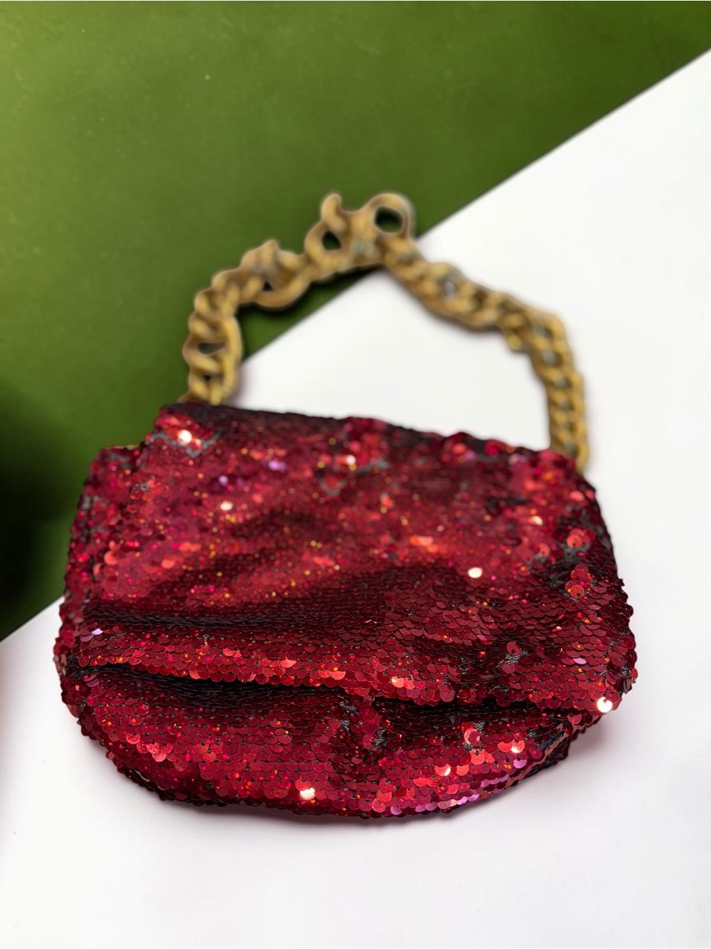 Montana West Select Red Sequin Mini Bag Gold Chain Handle Evening Clutch